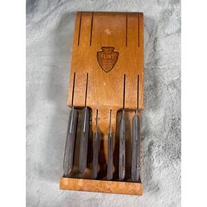 Vtg MCM EKCO Flint Vanadium Set Arrowhead Stainless Wood Block 7pc Wall Mount